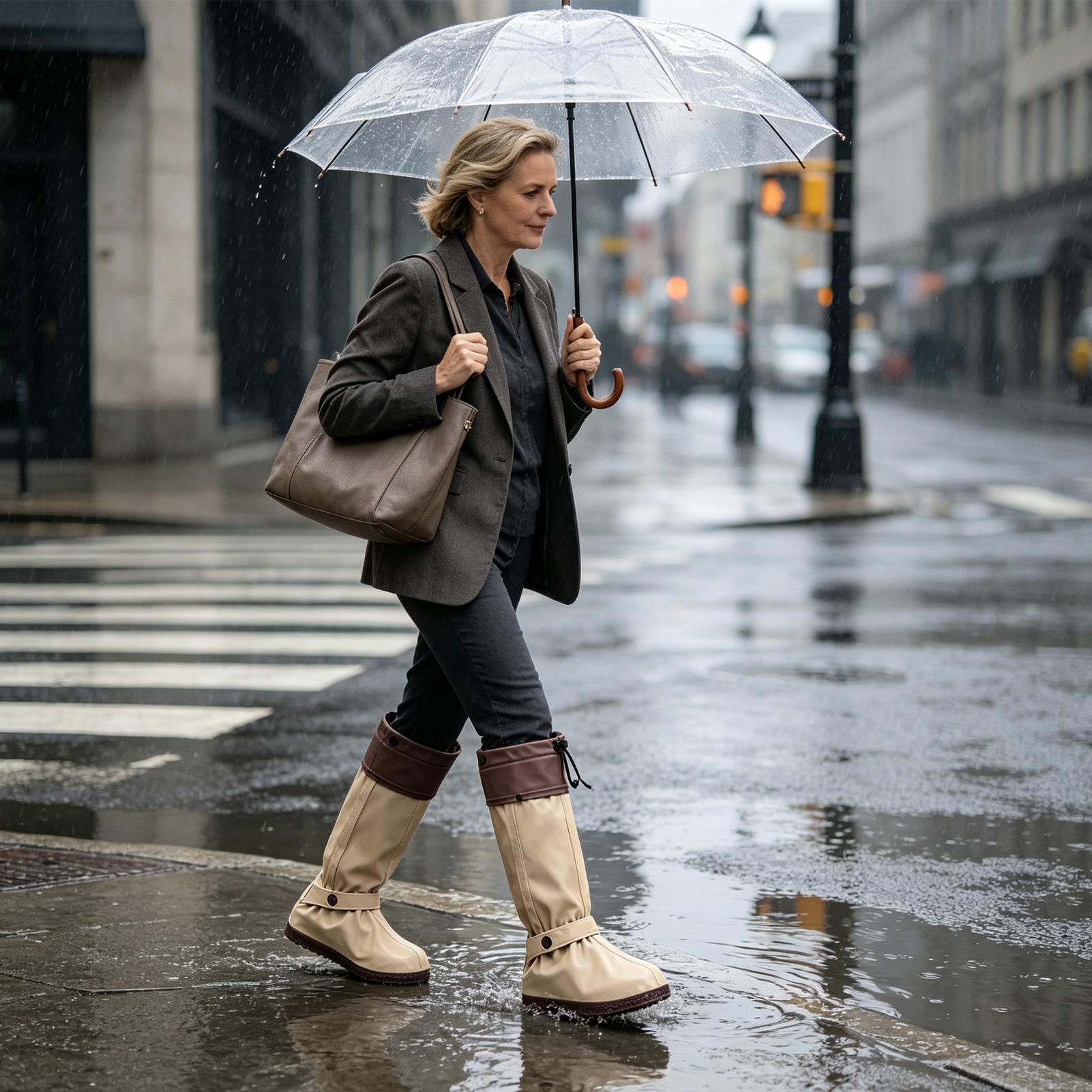 Cycling Commute In Rain - レインシューズカバー、ハイカット、再利用可能、防水、長めの靴カバー。ハイキング、オフィス、キャンプ、旅行、通勤、通学に最適。